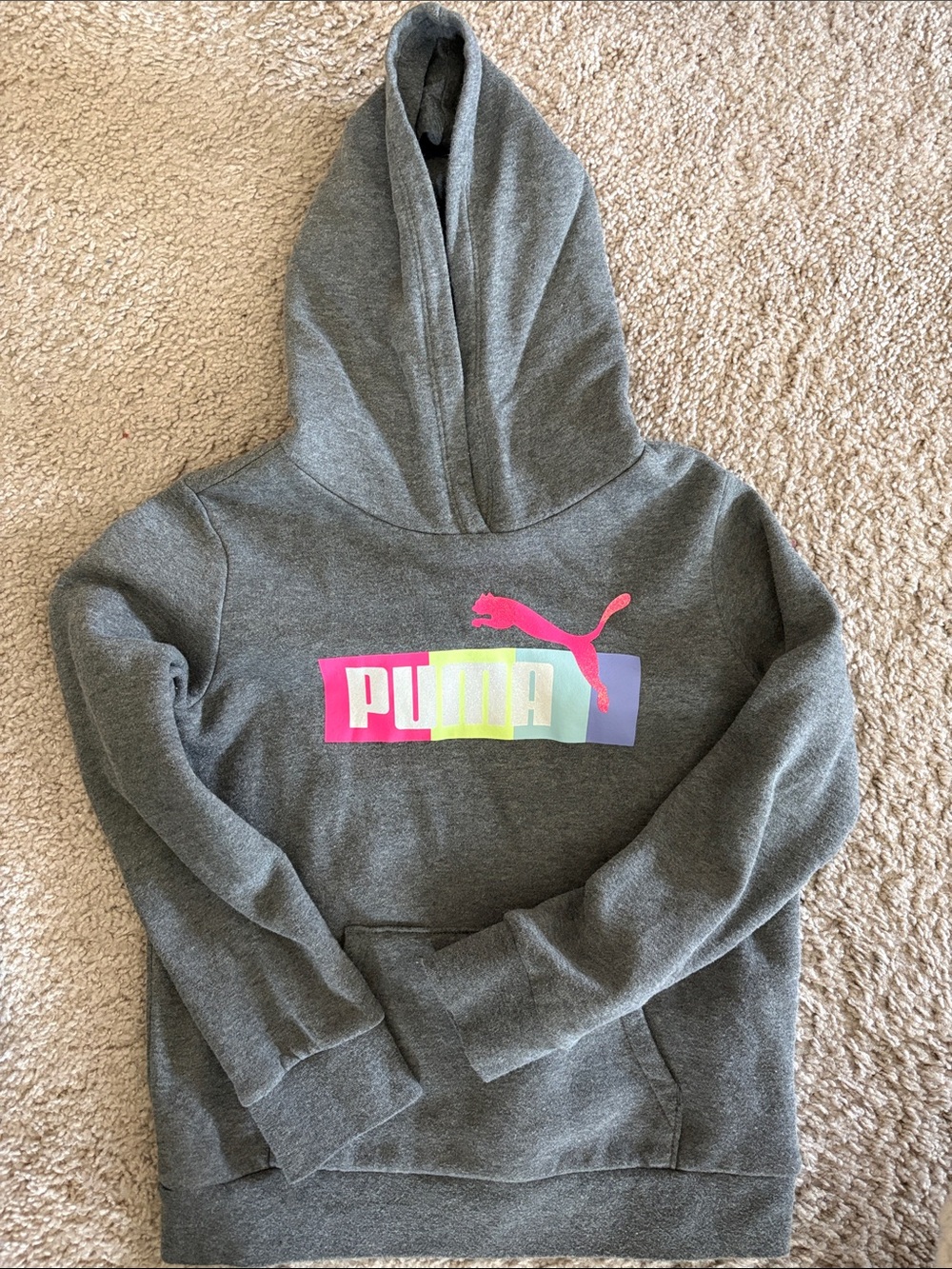 Puma Kids' Grey Hoodie with Neon Pink and Pastel Logo